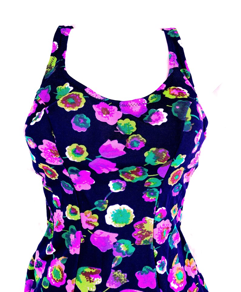 vintage 60s/70s Swimsuit One Piece Bathing Suit Bombshell Pin up Floral psychedelic Navy & Pink and Green Size S/M Sexy image 3