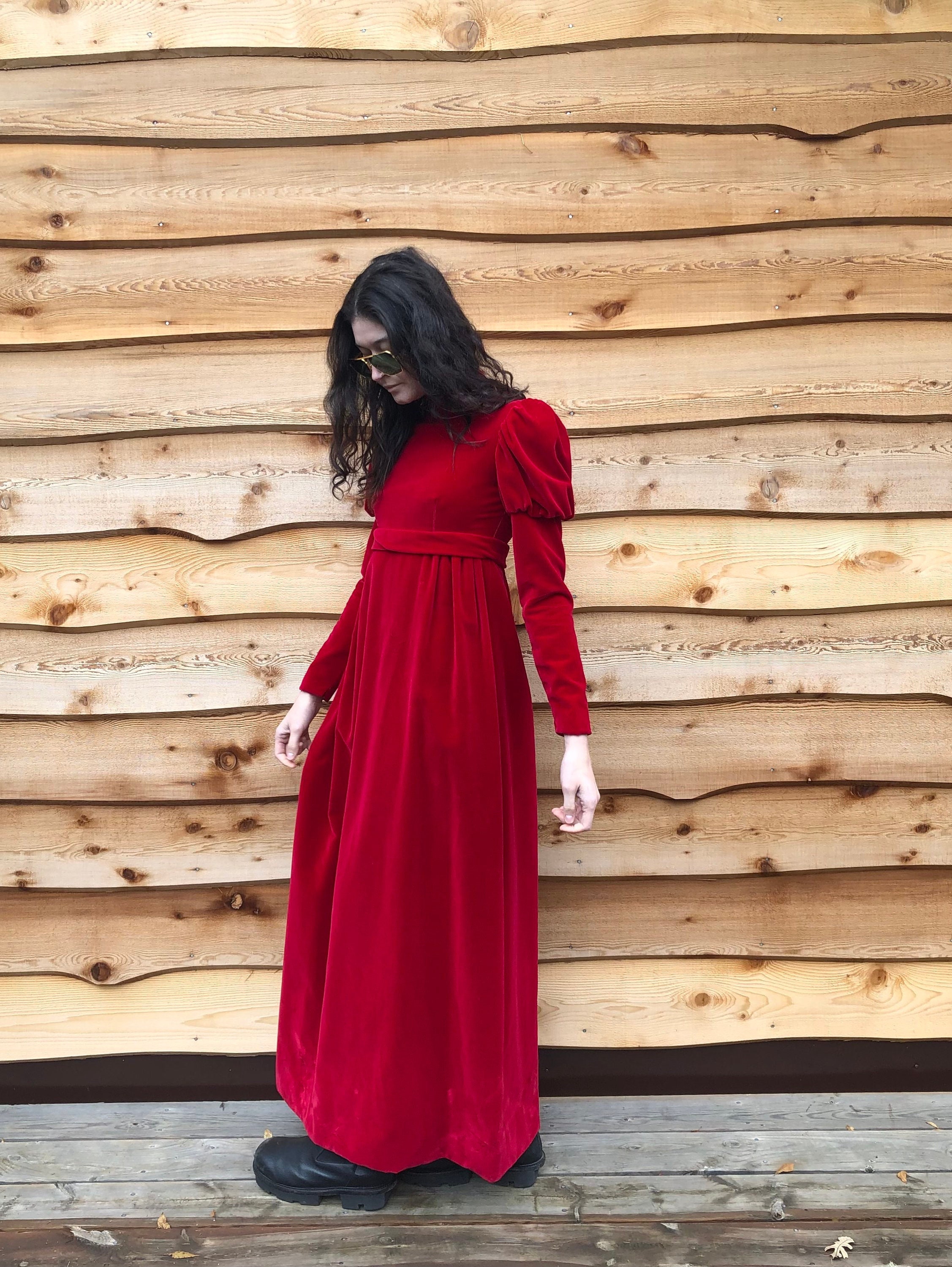 Vintage 60s Red Silk Velvet Dress S/M Long Maxi Renaissance