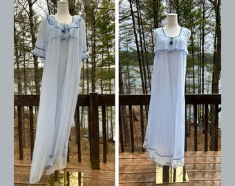 vintage Pale Ice Blue Peignoir Minor Flaws Full Length Set Robe & Nightie Ruffled Trim Double Chiffon Gay-lure Lace Trim Wedding Bridal Sexy