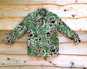 vintage 60s/70s Silk Rayon Troubadour Blouse Green Black & White Abstract Hippie Psychedelic Shirt  Bust 40" M L