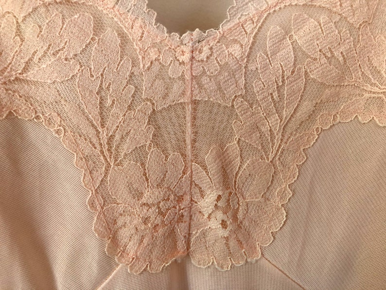 vintage 1960s Palest Pink Full Slip Sexy Semi Sheer Nylon Lace adjustable straps Tiered Lace and Chiffon pleated insets Size S/M image 5