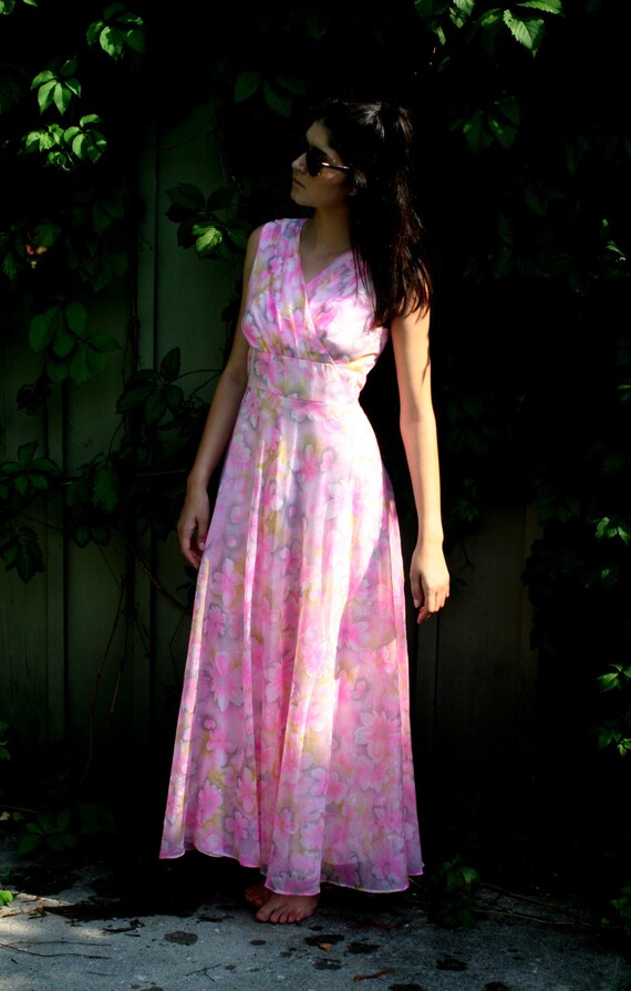 vintage pink floral early1970s Maxi Dress Small t… - image 1