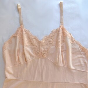 vintage 1960s Palest Pink Full Slip Sexy Semi Sheer Nylon Lace adjustable straps Tiered Lace and Chiffon pleated insets Size S/M image 8