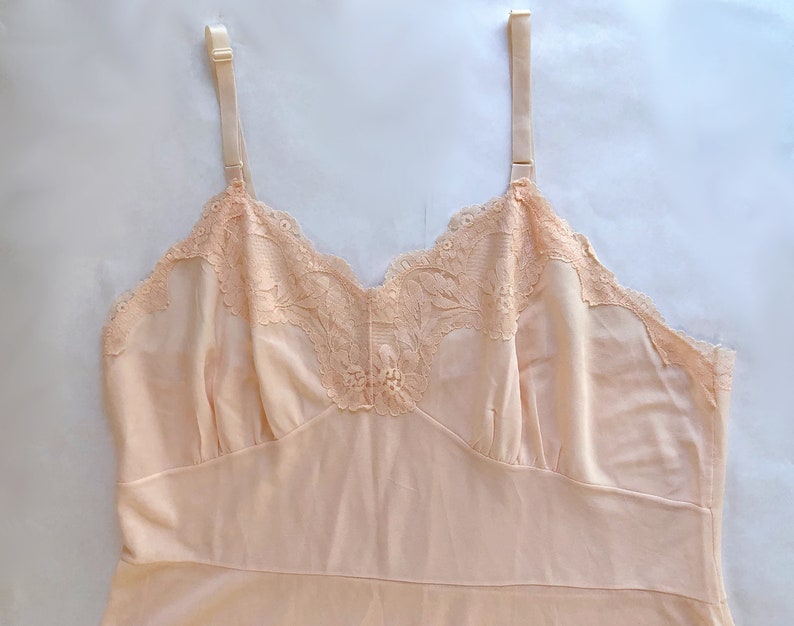 vintage 1960s Palest Pink Full Slip Sexy Semi Sheer Nylon Lace adjustable straps Tiered Lace and Chiffon pleated insets Size S/M image 8