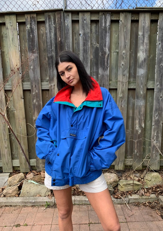 Vintage Columbia Windbreaker Jacket 80s 90s Ski Rain Jacket Anorak Kangaroo Pocket Blue Zippered Athletic Chest 56\