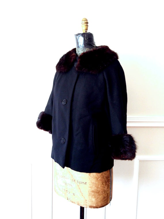 vintage 1950s Black Jacket Wool and Mink Fur Trim… - image 3