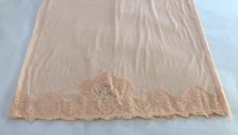 vintage 1960s Palest Pink Full Slip Sexy Semi Sheer Nylon Lace adjustable straps Tiered Lace and Chiffon pleated insets Size S/M image 9