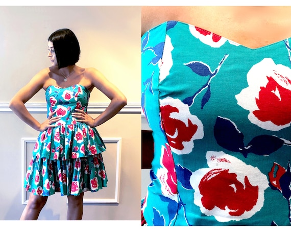 Vintage Laura Ashley Dress 1980s Strapless Cotton Turquoise Blue and Red  Floral Double Flounce Ruffle Prom Spring Dress M/L Summer Sun Dress -   Canada
