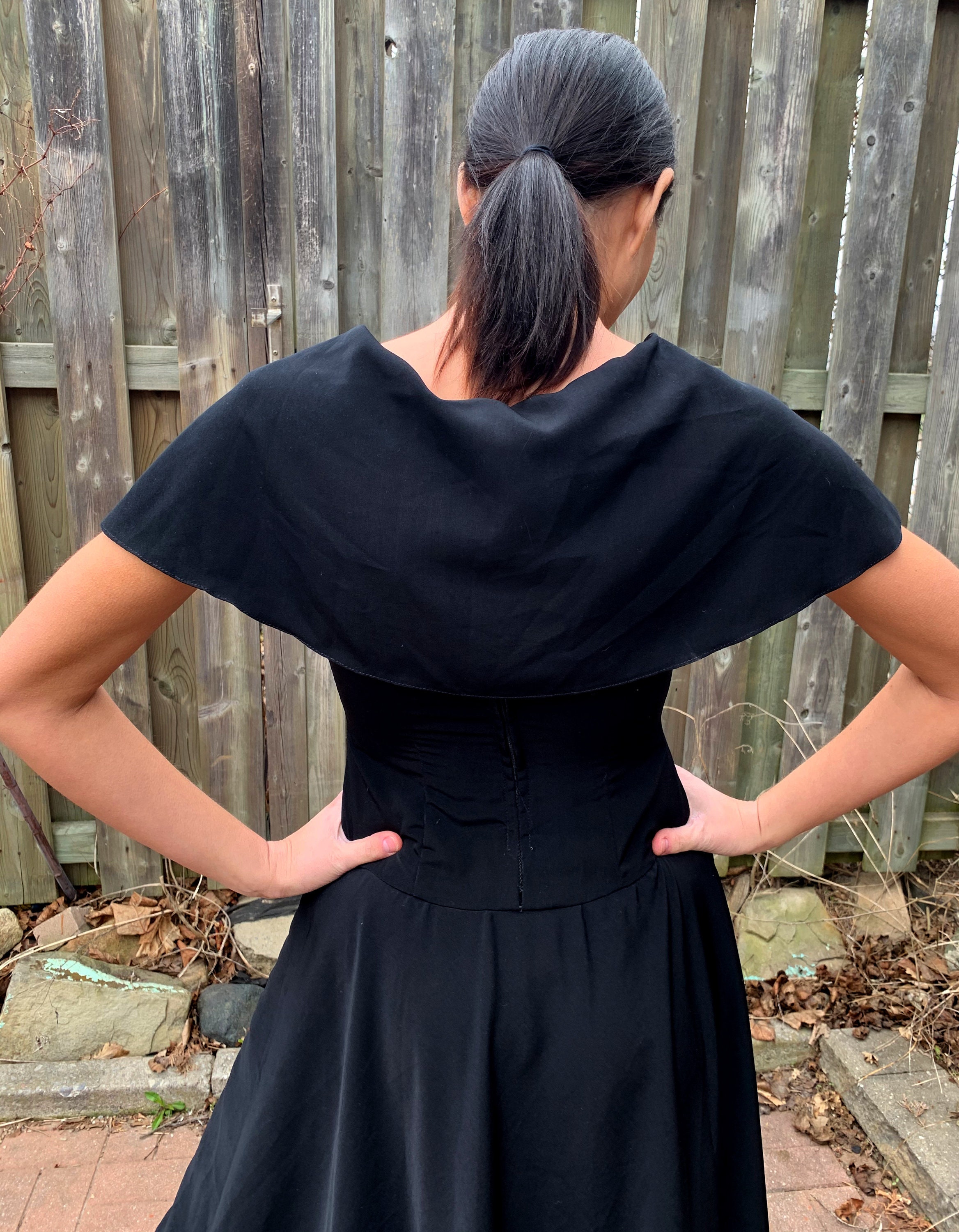 Vintage 1980s Black Dress Fit and Flare 50s Style Cape Vintage 1980s Black Dress Fit and Flare 50s Style Cape