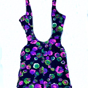 vintage 60s/70s Swimsuit One Piece Bathing Suit Bombshell Pin up Floral psychedelic Navy & Pink and Green Size S/M Sexy image 2