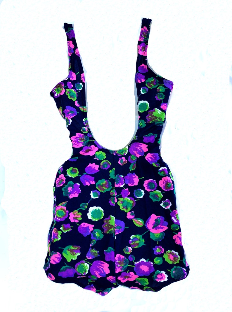 vintage 60s/70s Swimsuit One Piece Bathing Suit Bombshell Pin up Floral psychedelic Navy & Pink and Green Size S/M Sexy image 2