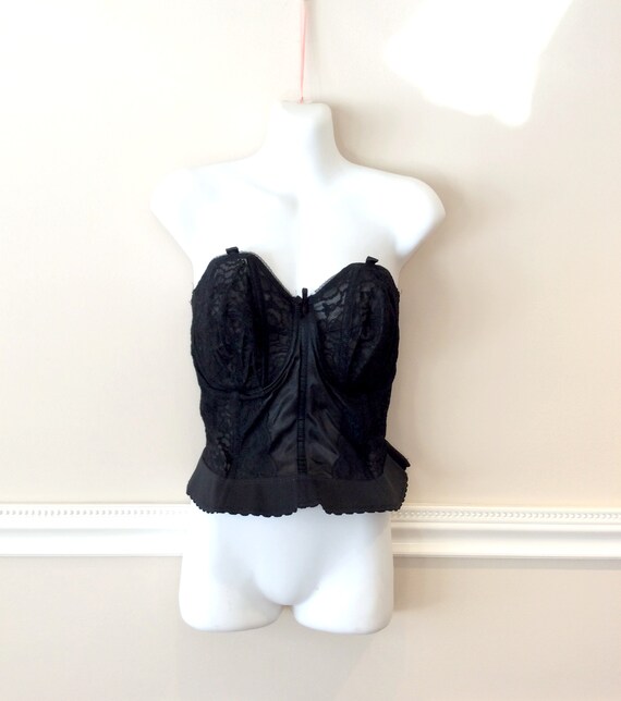 Vintage Black Lace Bustier Burlesque Boned Corset Girdle Satin and Lace  Floral Motif M/L/XL Valentines Day Gifts for Her Plus Size Pin Up 