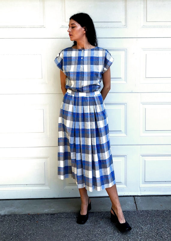 Vintage 1980s Highland Queen Plaid Skirt and Top Set – Blue Gray Tartan Kilt Suit