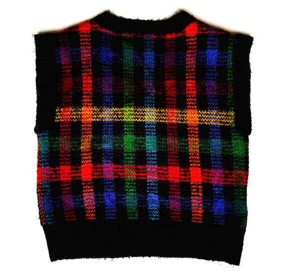 Vintage 80s Sweater Vest Acrylic V-neck Plaid Tartan Check Black