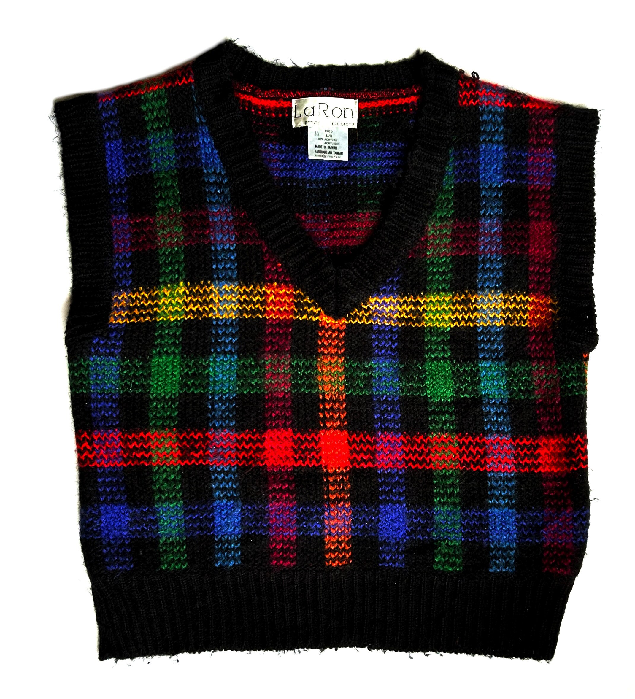 Vintage 80s Sweater Vest Acrylic V-neck Plaid Tartan Check Black