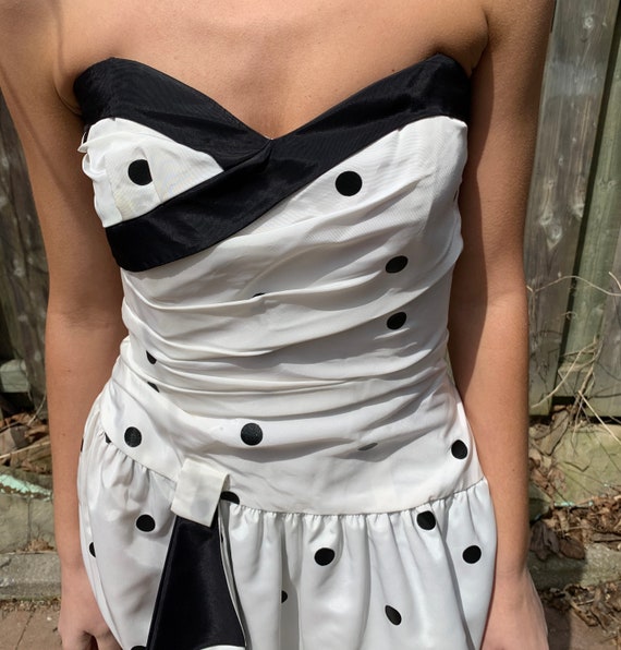 vintage Strapless 80s does 50s Dress White and Bl… - image 3