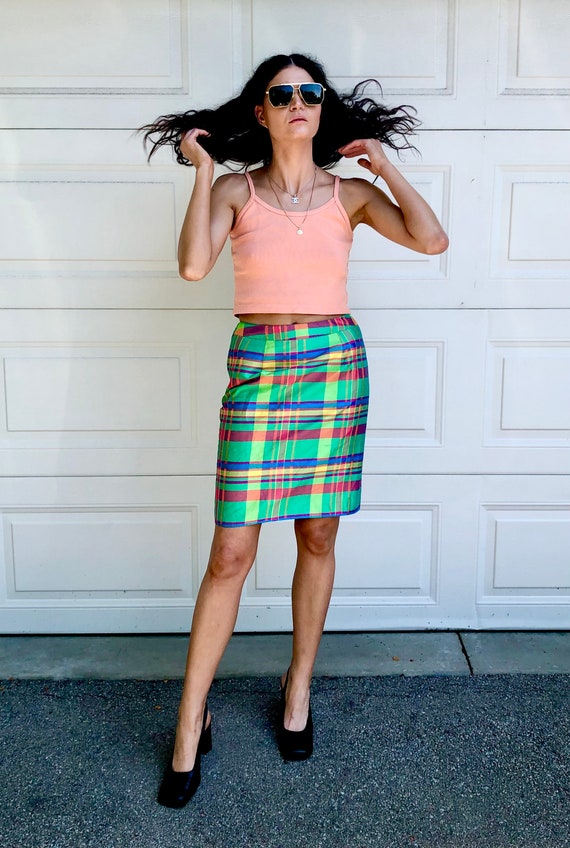 Vintage Ralph Lauren Silk Pencil Skirt 90s Madras Plaid High