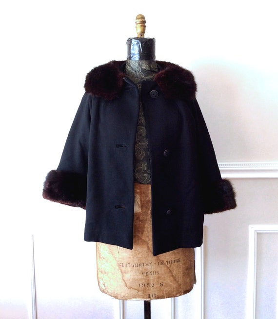 vintage 1950s Black Jacket Wool and Mink Fur Trim… - image 6