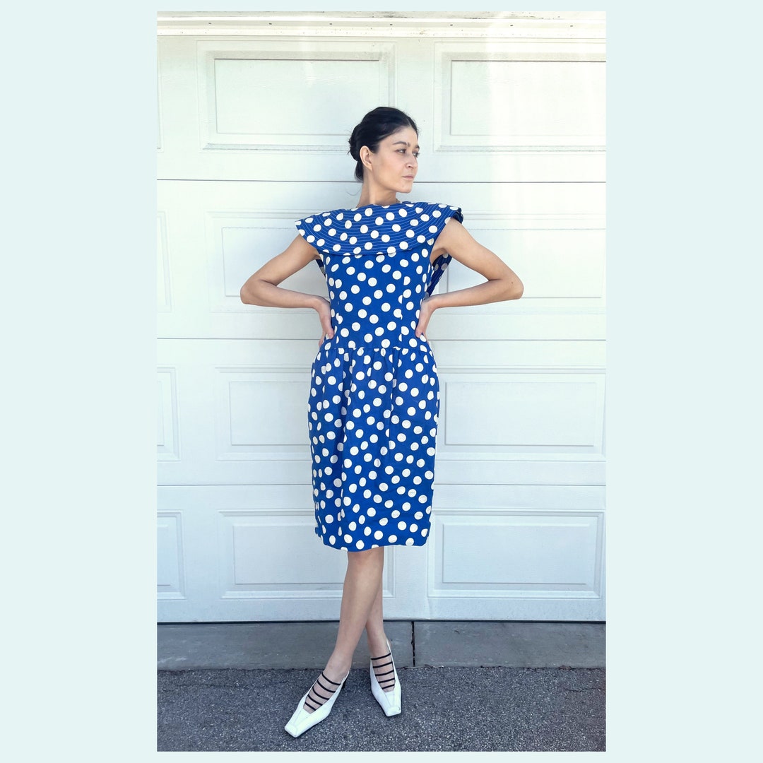 Vintage 80s Linen Dress Albert Nipon Blue & White Polka Dot Wiggle ...