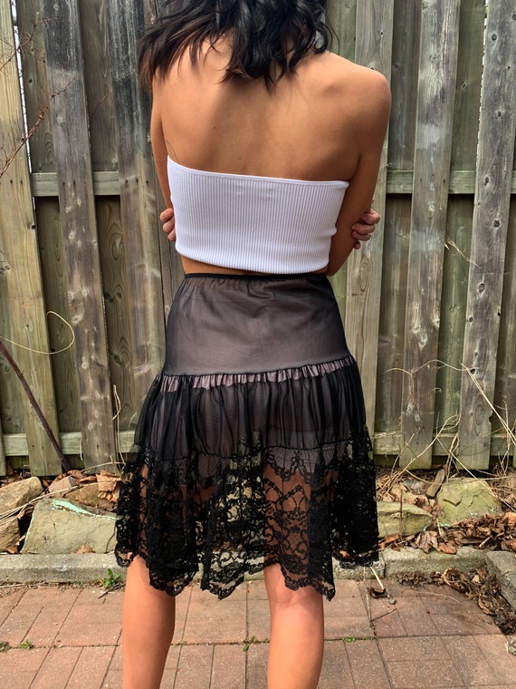 Vintage 50s Black Lace Half Slip Sheer Tiered Slip Sk… Gem