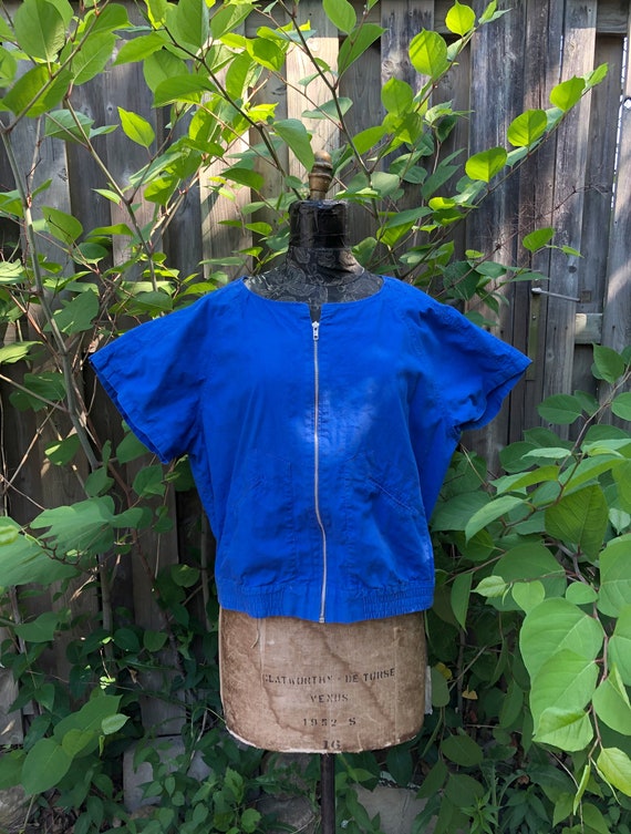 vintage Blue Shirt YKK Zipper Front Short Sleeve C