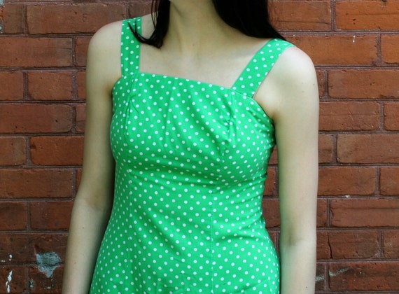 vintage Green dress 1970s Polka Dot Ruffles Peasa… - image 3