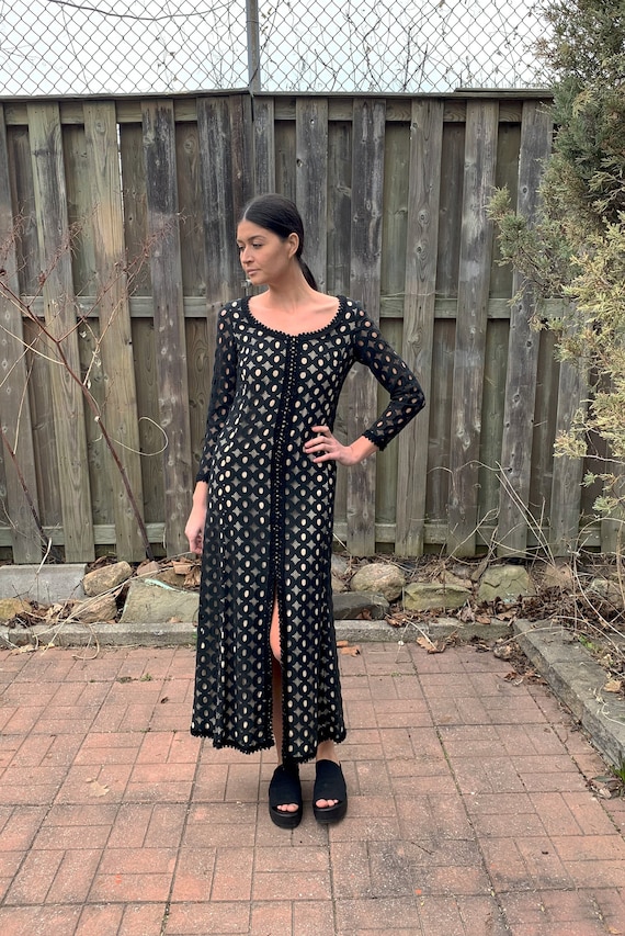 Vintage Maxi Dress 1970s Designer black crochet Nu