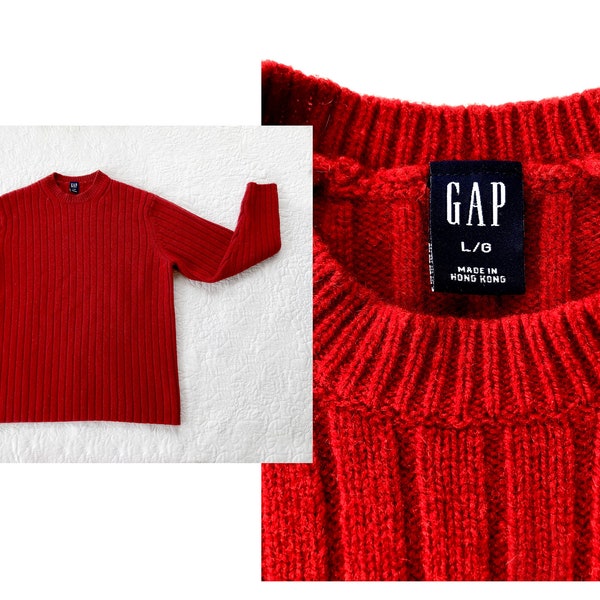 vintage 80s Gap Sweater Lambswool Scarlet Cardinal Red Crew Neck Cable Knit Sweater Unisex Preppy Oversize L