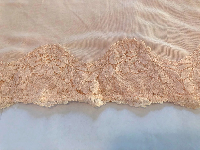 vintage 1960s Palest Pink Full Slip Sexy Semi Sheer Nylon Lace adjustable straps Tiered Lace and Chiffon pleated insets Size S/M image 7