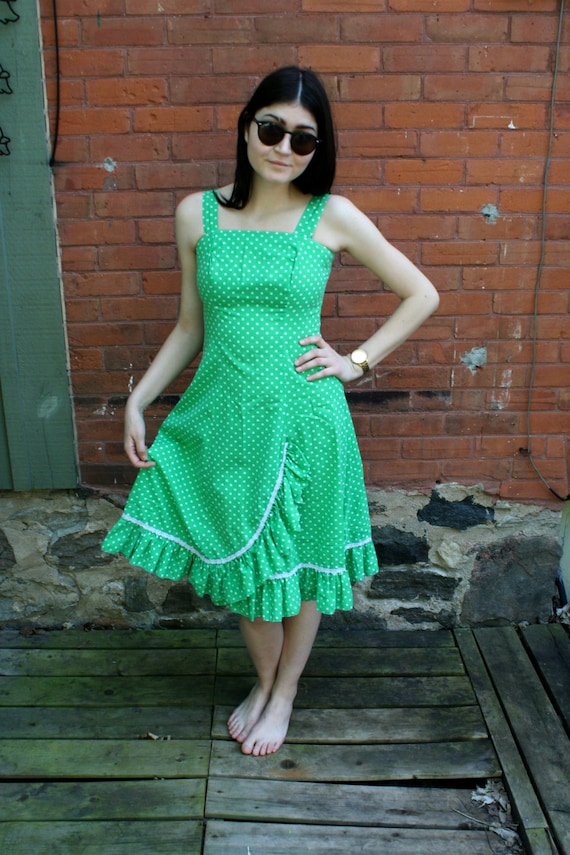 vintage Green dress 1970s Polka Dot Ruffles Peasa… - image 1