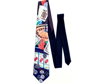 Vintage 90s Ralph Marlin Designer Novelty Silk Tie 1991 Gambling Necktie Polyester Las Vegas Playing Cards Dice Roulette Wheel Bills Money