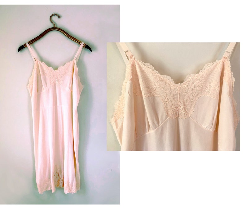 vintage 1960s Palest Pink Full Slip Sexy Semi Sheer Nylon Lace adjustable straps Tiered Lace and Chiffon pleated insets Size S/M image 1