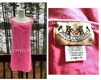 vintage Y2K Juicy Couture  Pink Terry Mini Dress Cotton Poly Shoulder Tie Summer Sun Beach  Dress Size Medium Large