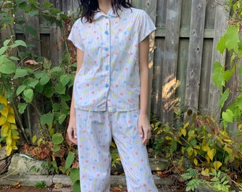 vintage Cotton Pajama Set 1960s Deadstock S/M White and Polka Dot 2 Piece PJs Side Button Waistband Holiday Christmas Pajamas