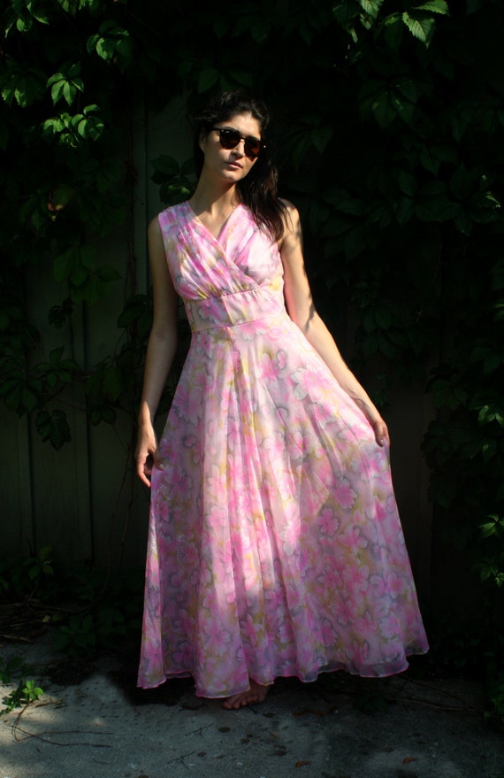 vintage pink floral early1970s Maxi Dress Small t… - image 2