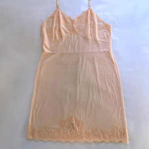 vintage 1960s Palest Pink Full Slip Sexy Semi Sheer Nylon Lace adjustable straps Tiered Lace and Chiffon pleated insets Size S/M image 3