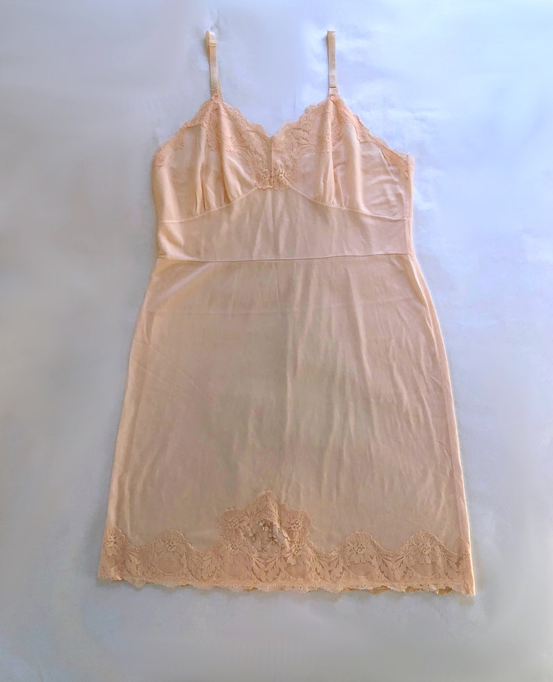 vintage 1960s Palest Pink Full Slip Sexy Semi Sheer Nylon Lace adjustable straps Tiered Lace and Chiffon pleated insets Size S/M image 3