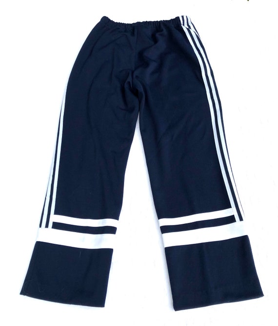 TheVintageDomain Vintage Adidas Track Pants 80s Navy Blue White Striped Stretch Elasticized Waist Zip Pockets Size M Waist 28 44 Inseam 29 1 2 M L Xl