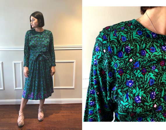 Vintage 80s/ 90s Green and Purple Dress Floral Lau