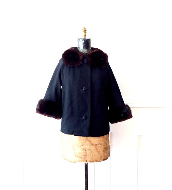 vintage 1950s Black Jacket Wool and Mink Fur Trimm