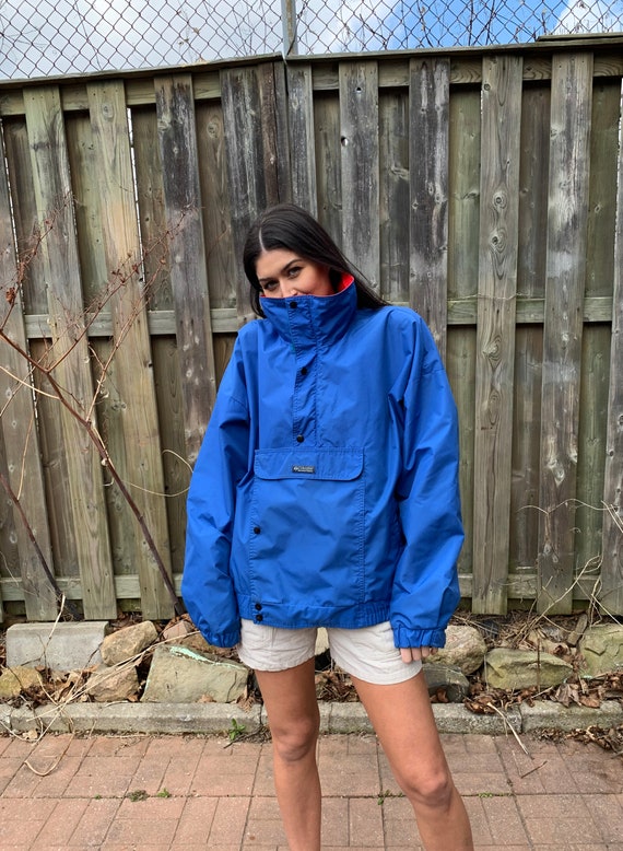 Vintage Columbia Windbreaker Jacket 80s 90s Ski Rain Jacket Anorak Kangaroo Pocket Blue Zippered Athletic Chest 56\