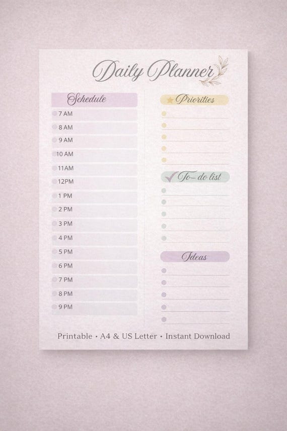 Daily Planner Printable A4 and US Letter Pastel Minimal Daily Schedule Instant Download