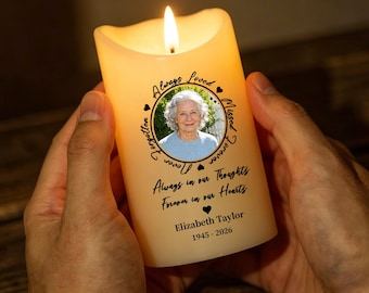 Gepersonaliseerde led-herdenkingskaars met foto, herdenkingskaars cadeau, sympathiecadeau voor verlies van geliefde, rouwcadeau, decor begrafenis