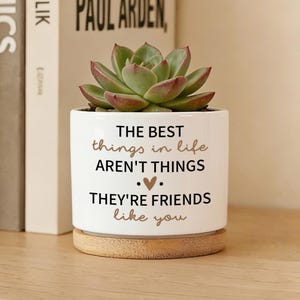 May include: A white ceramic planter with a succulent plant. The planter has the text "THE BEST things in life AREN'T THINGS. THEY'RE FRIENDS like you" in black and gold lettering. The planter sits on a wooden base.