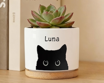 Maceta personalizada con diseño de gato negro, regalo para recordar a una mascota fallecida, maceta para dueños de gatos, maceta de cerámica con desagüe y base de bambú, regalo conmemorativo para mascotas.