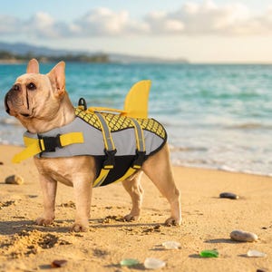 Peut inclure: Un bouledogue français beige portant un gilet de sauvetage gris et noir pour chien avec des détails jaunes et une nageoire de requin jaune. Le chien est sur une plage de sable avec la mer en arrière-plan.