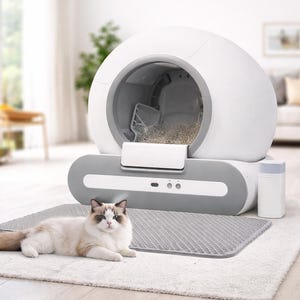 Könnte beinhalten: Eine automatische Katzenstreu-Box in Weiß und Grau mit rundem Design. Eine graue Matte und ein weißer Behälter befinden sich neben der Katzentoilette. Eine flauschige Katze mit blauen Augen liegt auf einem weißen Teppich.