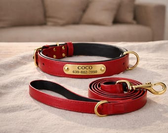 Collier chien personnalisé + laisse assortie | Plaque gravée nom téléphone | Pack cuir chien | Personalized Dog Collar Set