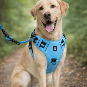 Peut inclure: Un labrador jaune clair porte un harnais bleu clair pour chien avec des détails noirs et une laisse assortie. Le chien est assis sur un sentier de terre dans un cadre forestier, avec une expression joyeuse.