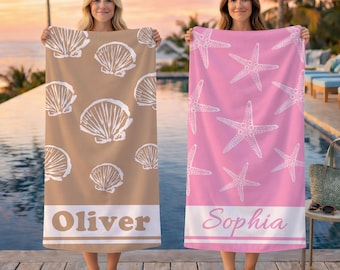 Personalized Starfish Shell Beach Towels with Name, Bridesmaid Towel, Kids Name Towel, Monogrammed Pool Swim Towel, Custom Vacation Gifts